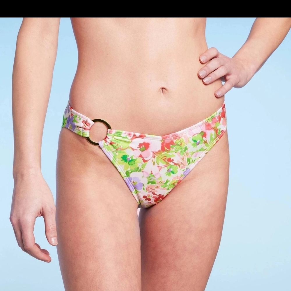 Shade & Shore Pink/Green/ Floral Bikini Bottom Size L (12-14) Classy Side Ring